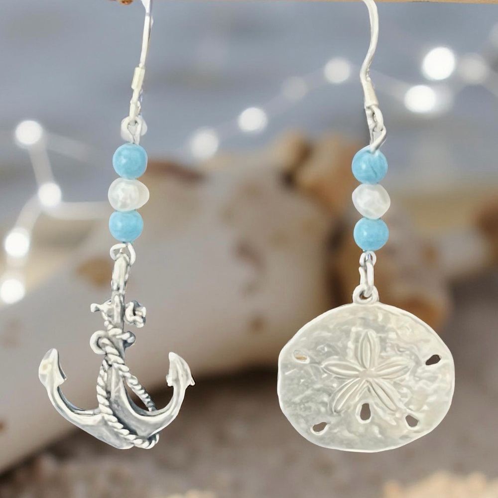 Asymmetrical Nautical Sterling Silver Anchor & Sand Dollar Dangle Earrings ⚓️